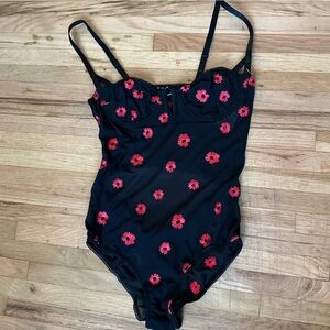NWT Urban Outfitters Sheer Black bodysuit w red embroidered flowers - Medium